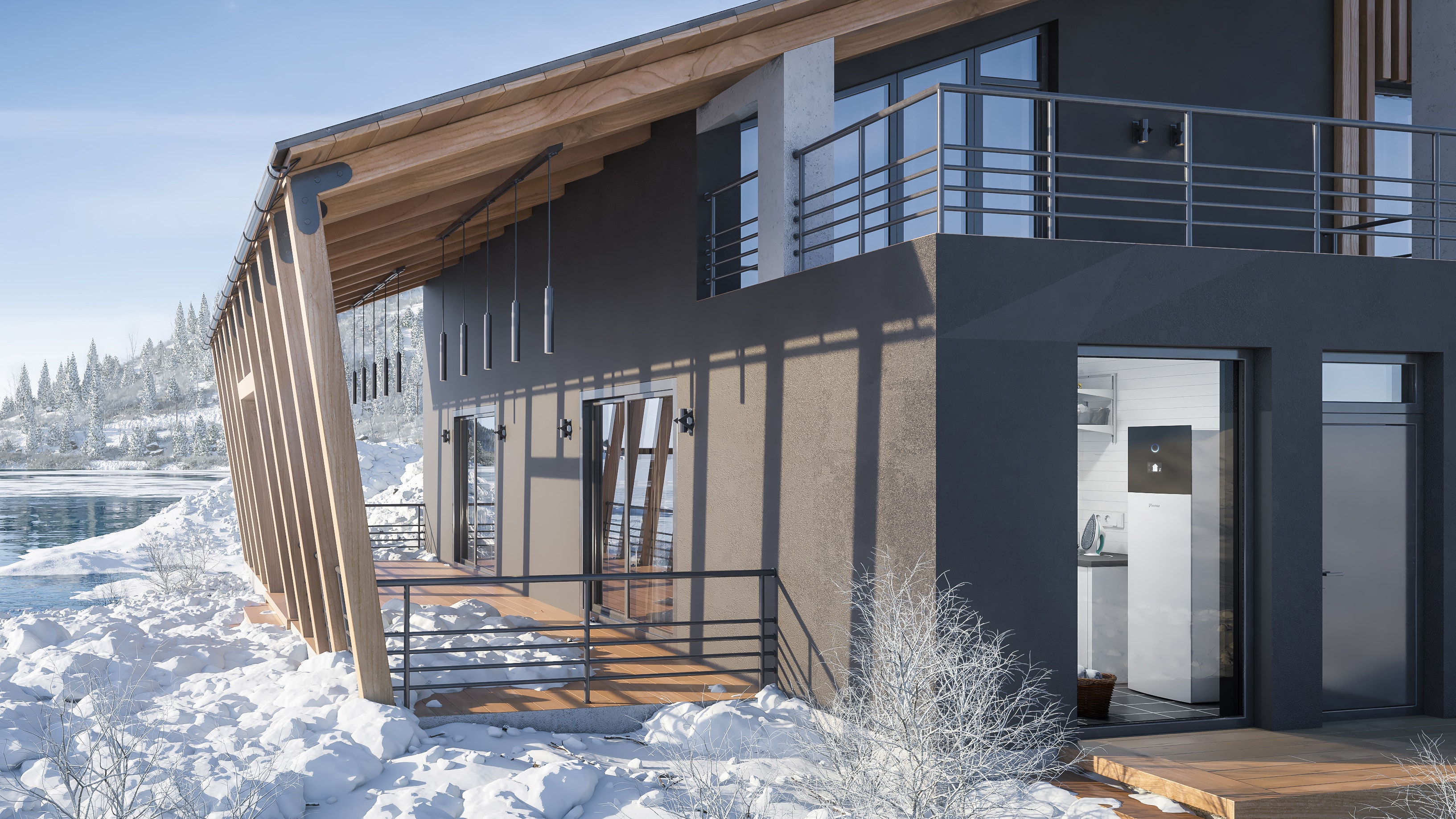 Una casa moderna en un paisaje nevado se calienta perfectamente con Daikin