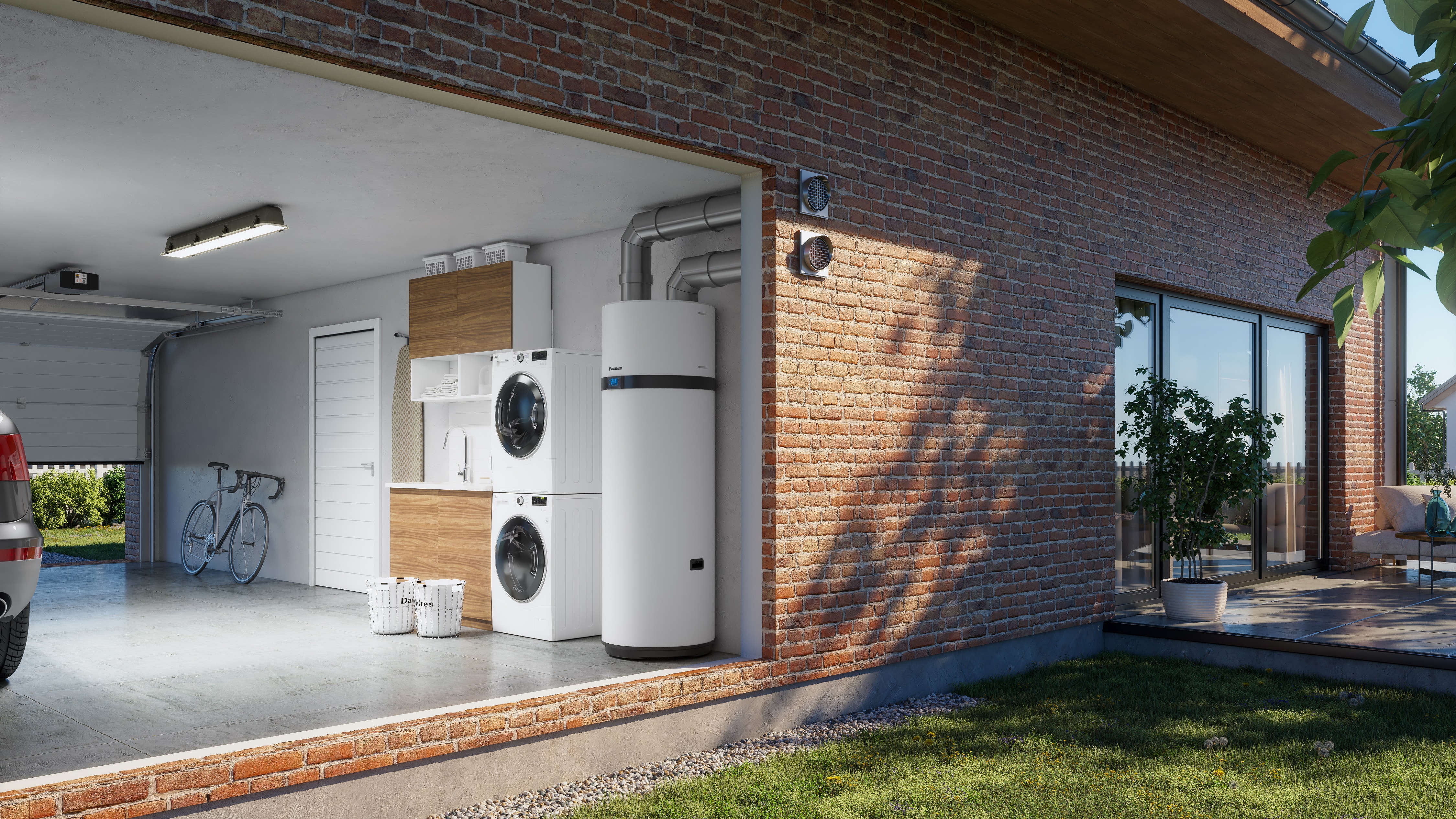 Depósito de agua caliente sanitaria que utiliza energía renovable y está instalado en el garaje